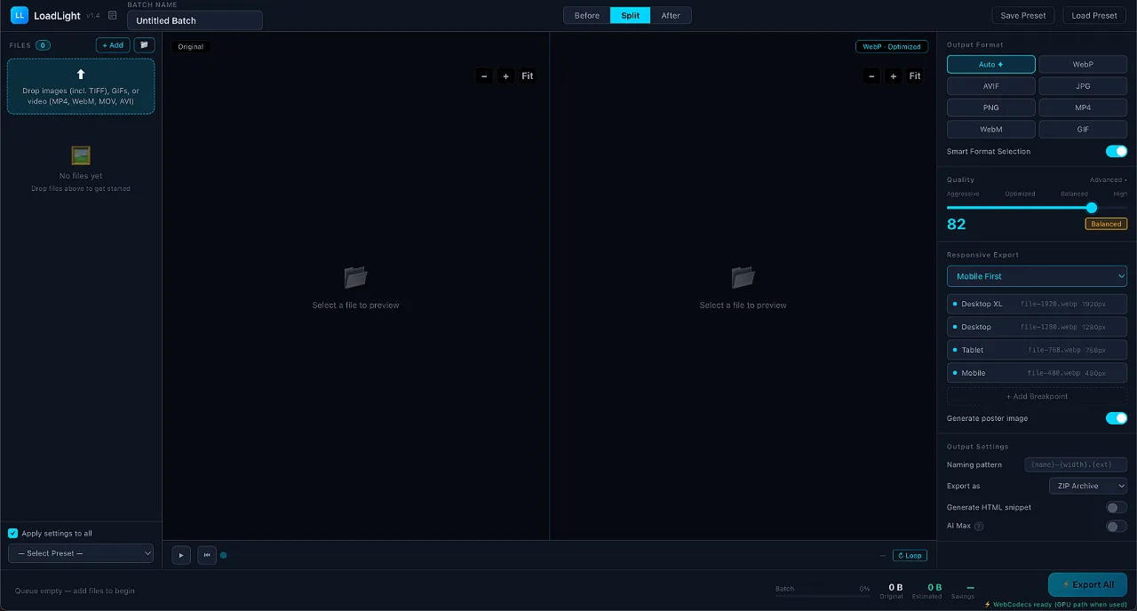 Load Light preset strip in the lower-left corner showing one-click web video and image sizing presets